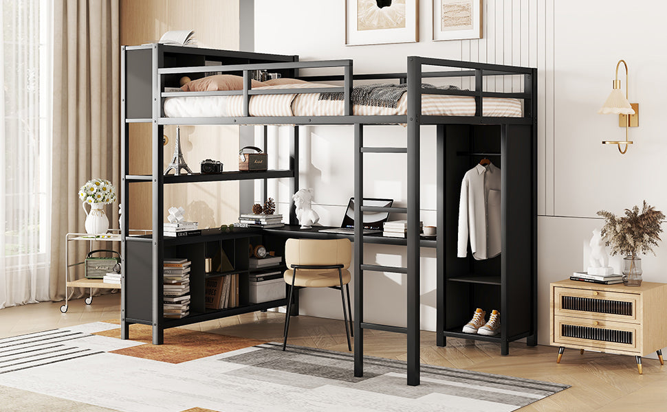 Full-Size Metal Loft Bed with Desk, Wardrobe & Storage