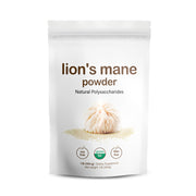 Front-facing resealable pouch of Lion's Mane Powder with fluffy mushroom illustration and product name