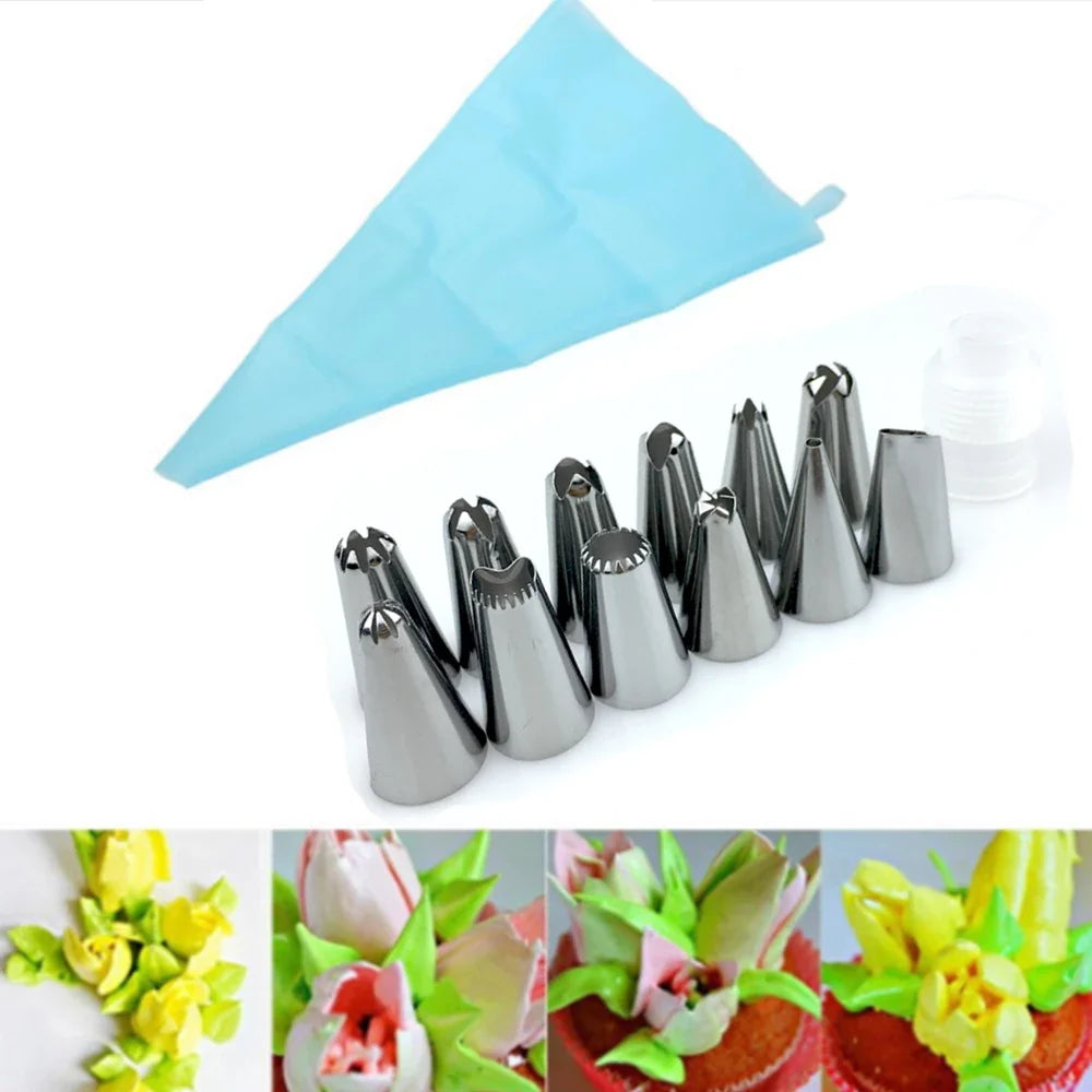 Silicone Piping Bag Set with 12 Stainless Steel Tips