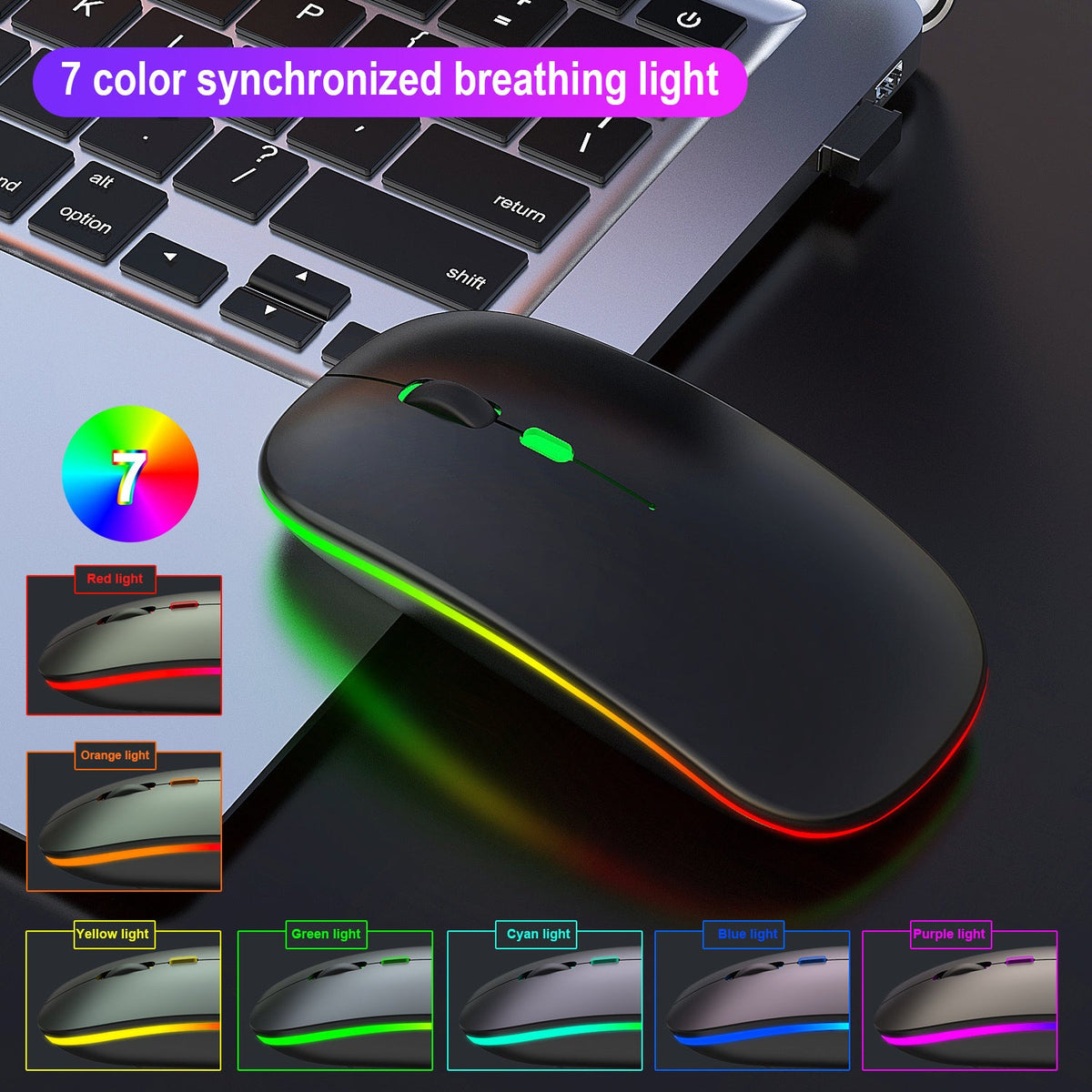 Silent Wireless Mouse with 7-Color Light for Desk