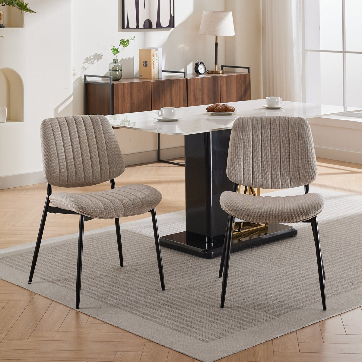 Retro Linen Dining Chair Set of 2 with Padded Curved Back