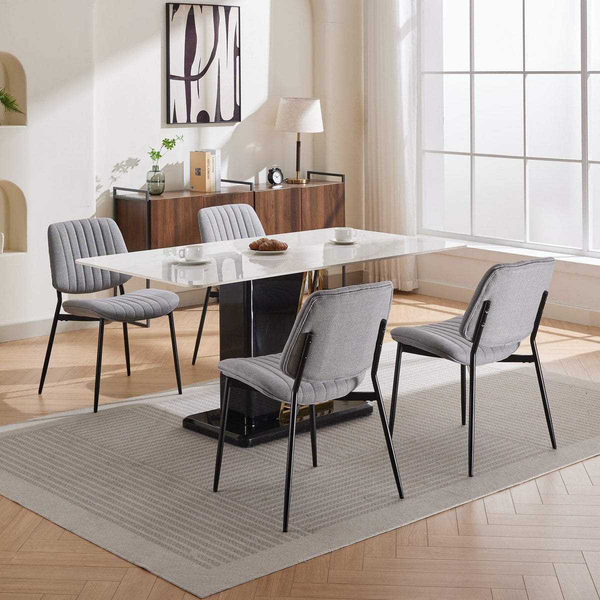 Linen Dining Chair Set, Retro Gray Curved Backrest