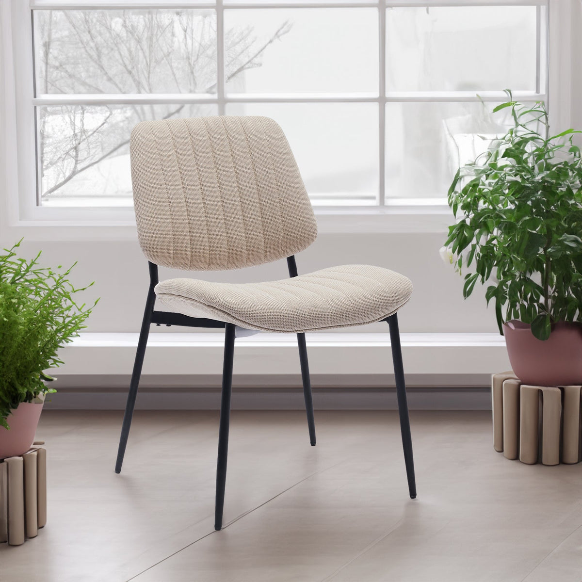 Retro Linen Dining Chair Set of 2 with Padded Curved Back