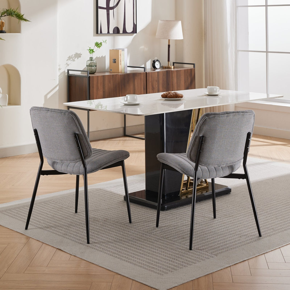Linen Dining Chair Set, Retro Gray Curved Backrest