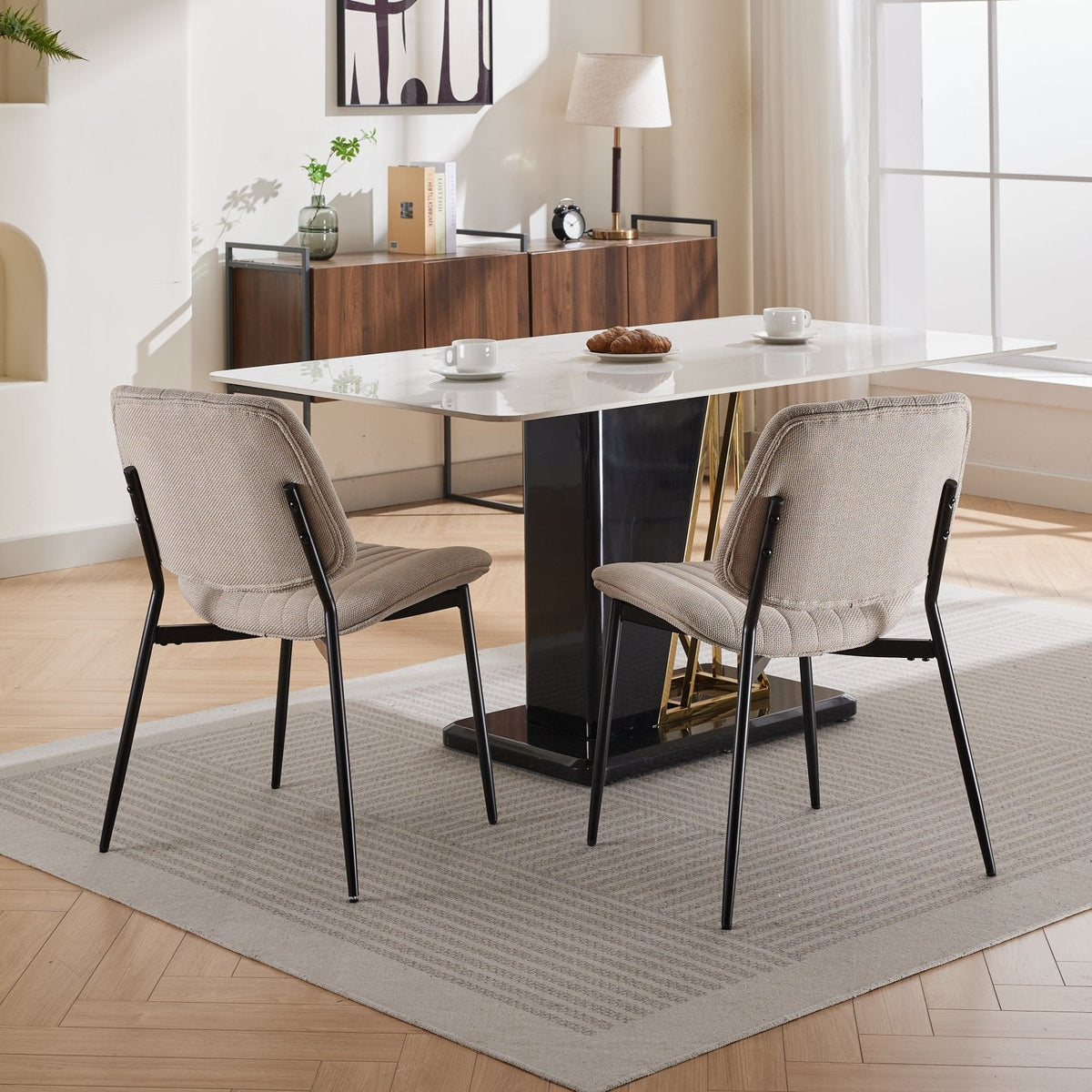 Retro Linen Dining Chair Set of 2 with Padded Curved Back