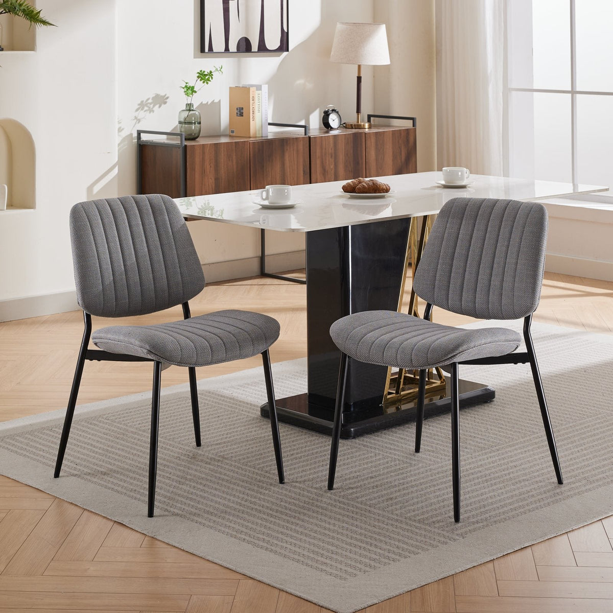 Linen Dining Chair Set, Retro Gray Curved Backrest