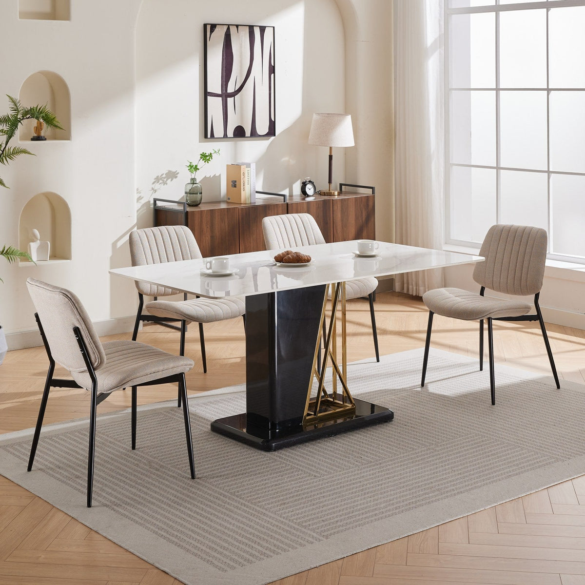 Retro Linen Dining Chair Set of 2 with Padded Curved Back
