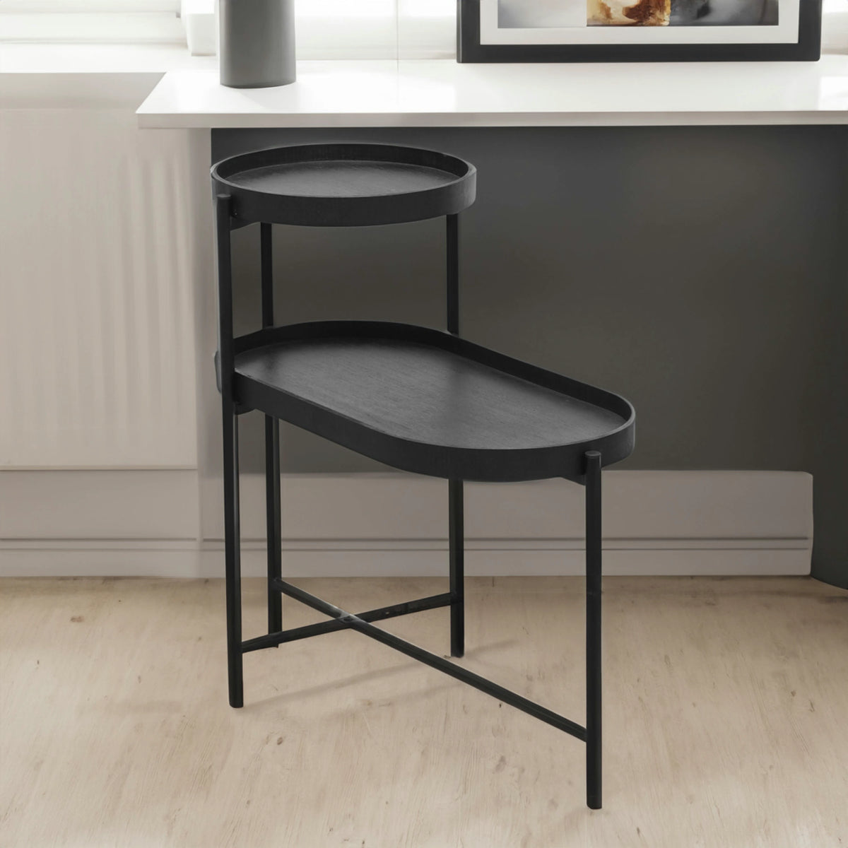 Black 2-Tier Side Table with Storage for Living Room