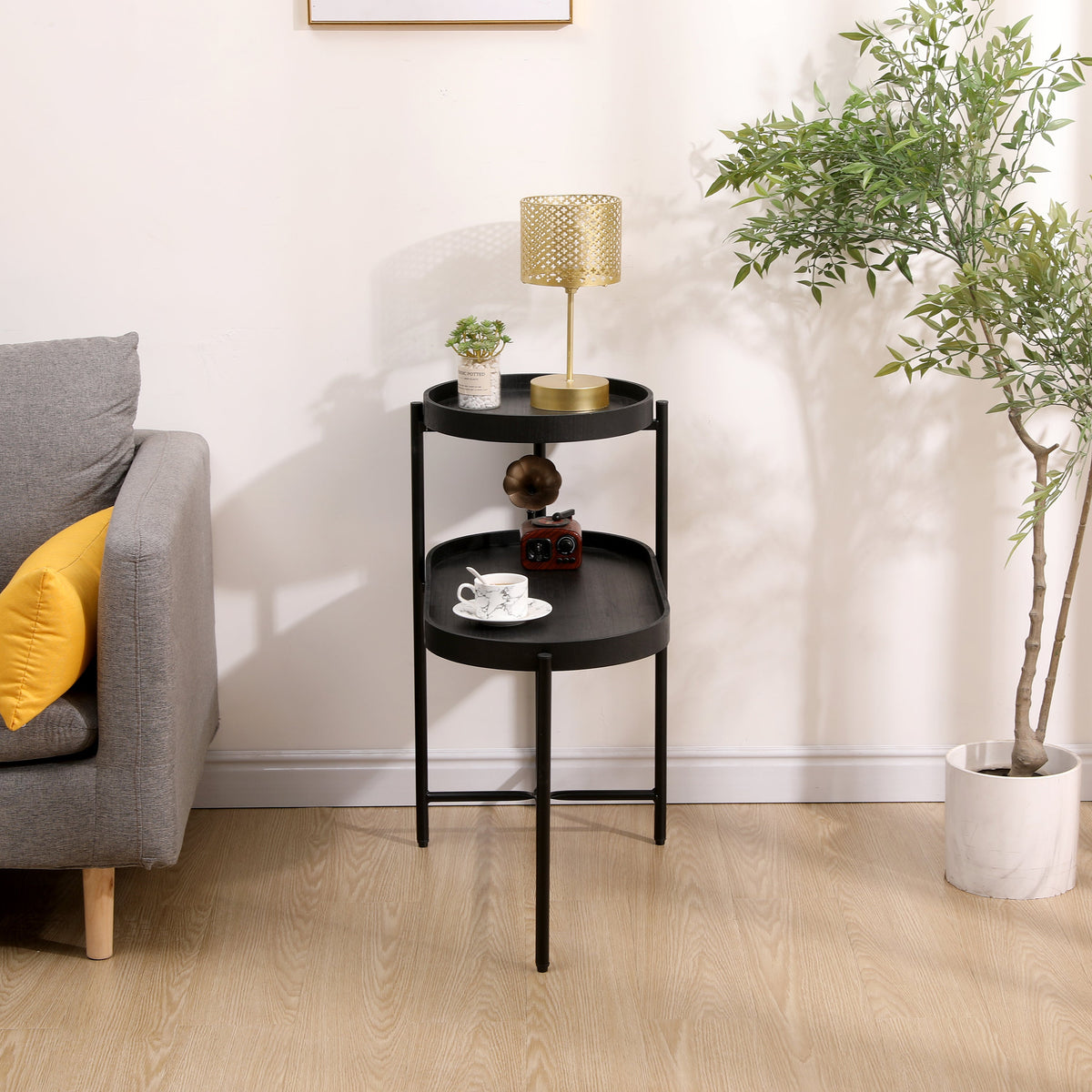 Black 2-Tier Side Table with Storage for Living Room