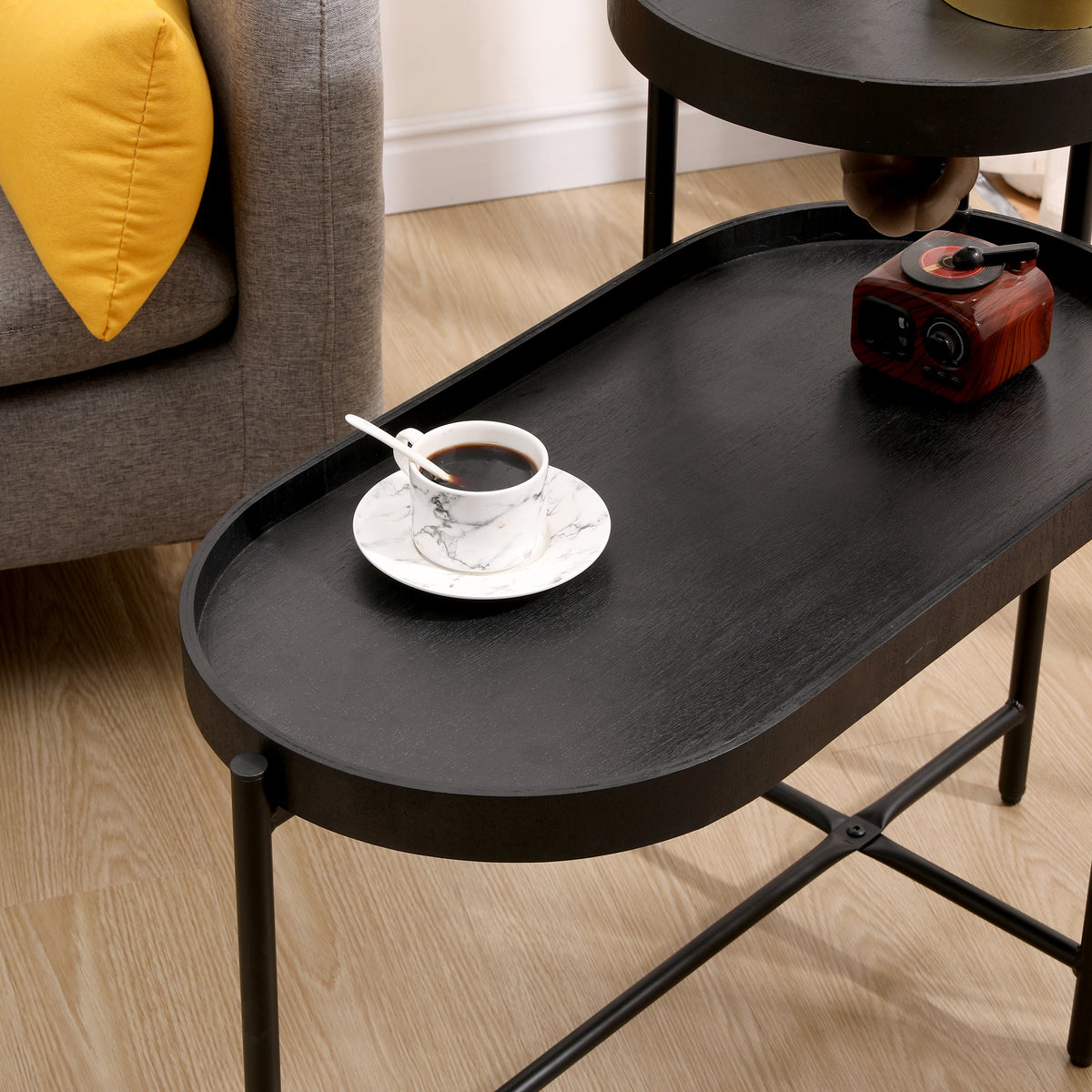 Black 2-Tier Side Table with Storage for Living Room