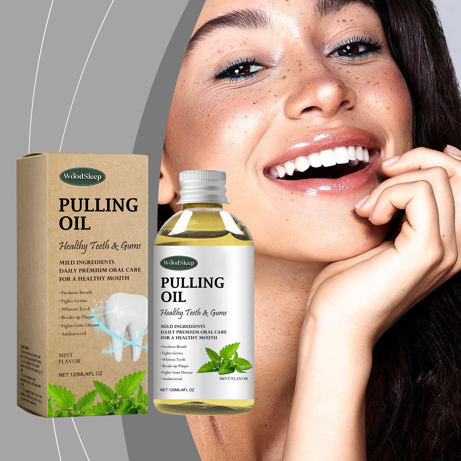 Woman with bright white smile holding product bottle near her face with confident expression