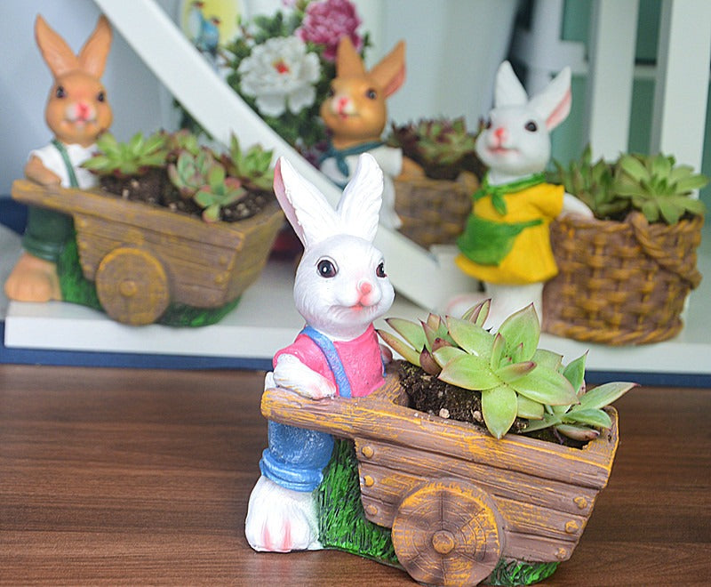 Rabbit Succulent Planter with Cart, Hand-Painted Resin