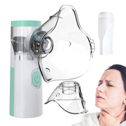 Complete nebulizer system with handheld white unit, blue power button, detachable masks, and replacement components displayed