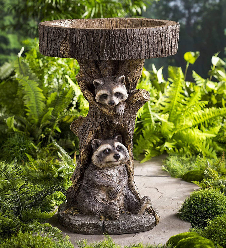 Raccoon Bird Bath Garden Statue, Hand-Painted Resin