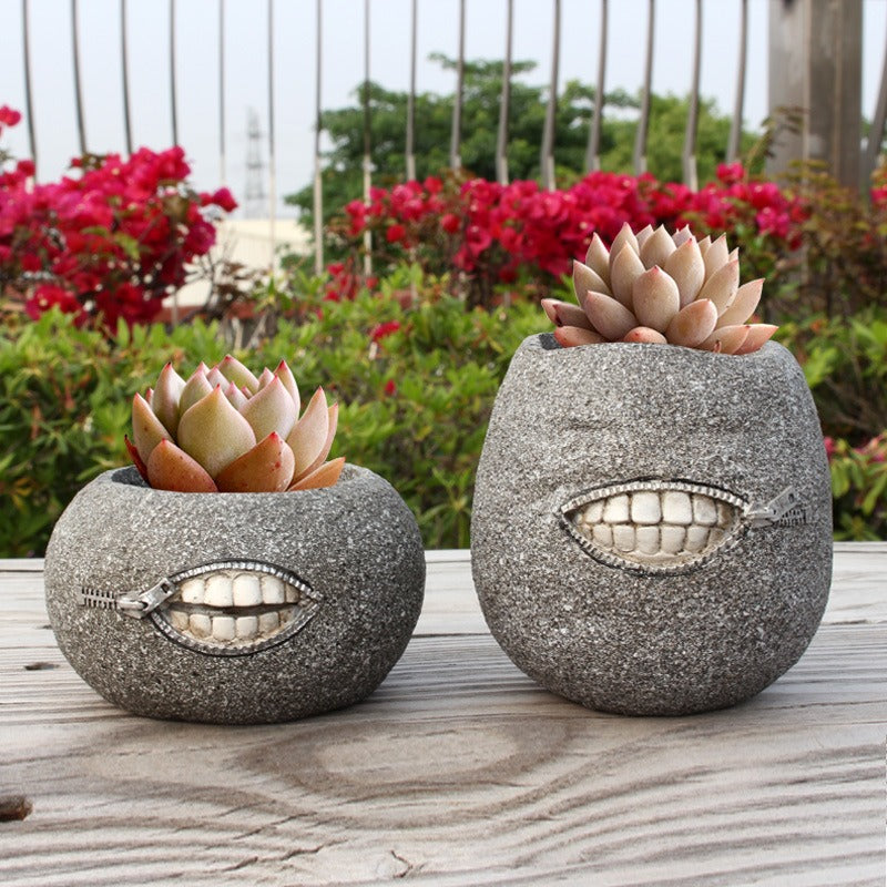 Zipper-Mouth Stone Succulent Planter for Desk & Patio Decor