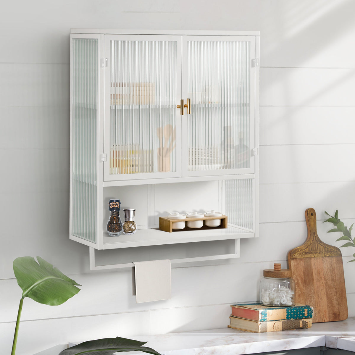 Wall Mounted Bathroom Cabinet with Fluted Glass Doors