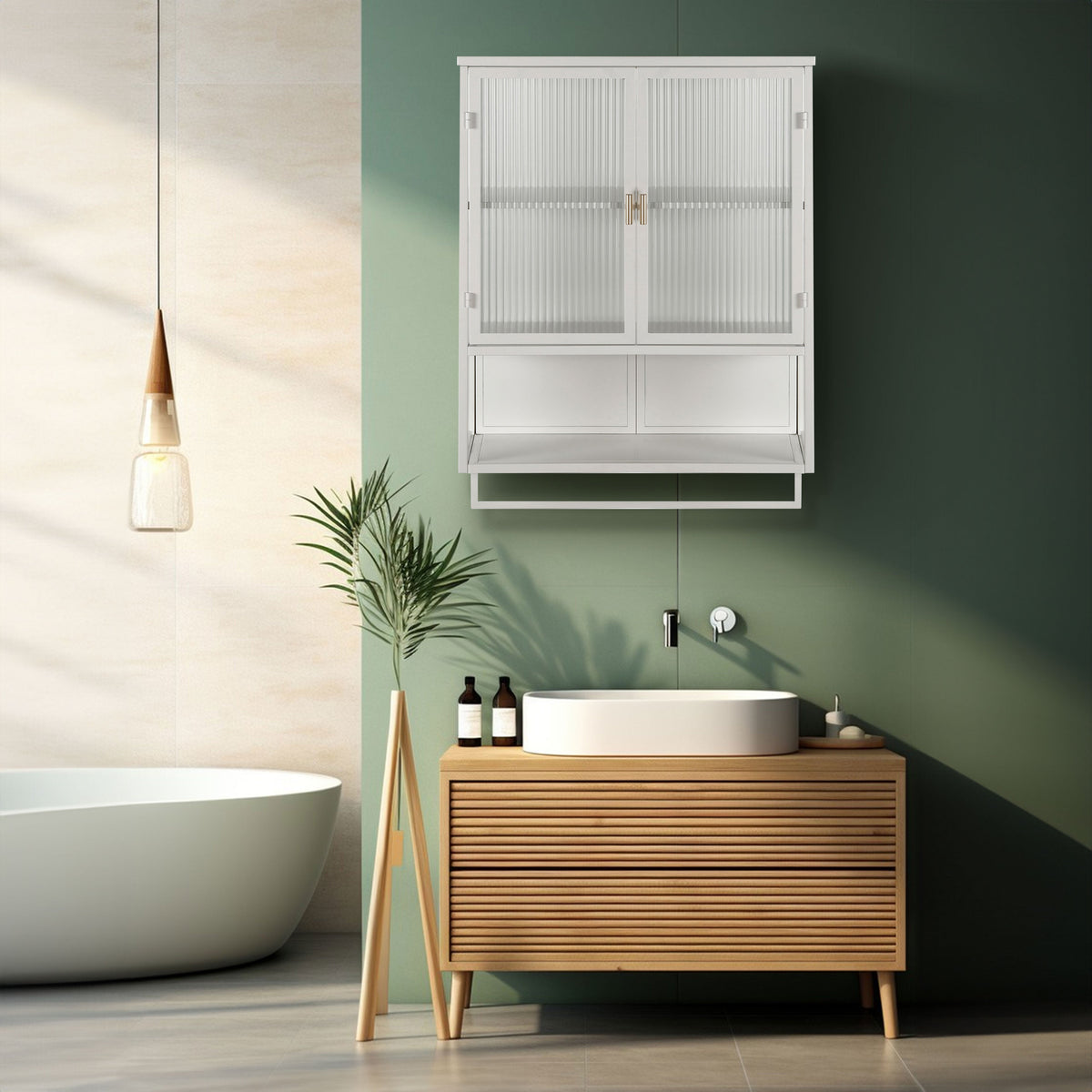 Wall Mounted Bathroom Cabinet with Fluted Glass Doors