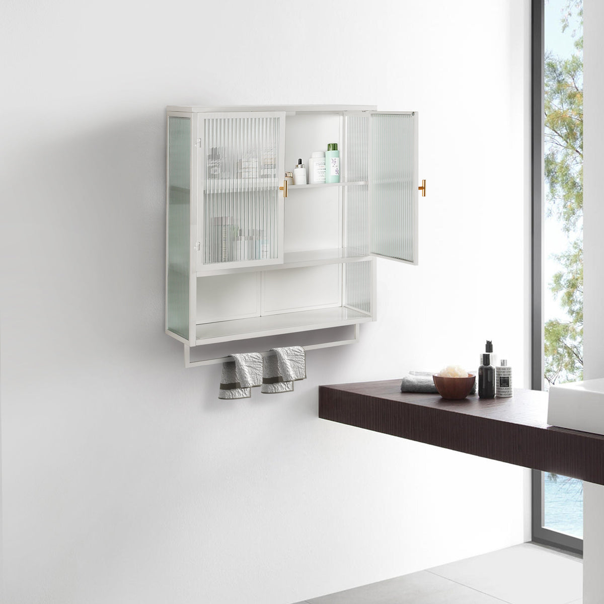 Wall Mounted Bathroom Cabinet with Fluted Glass Doors
