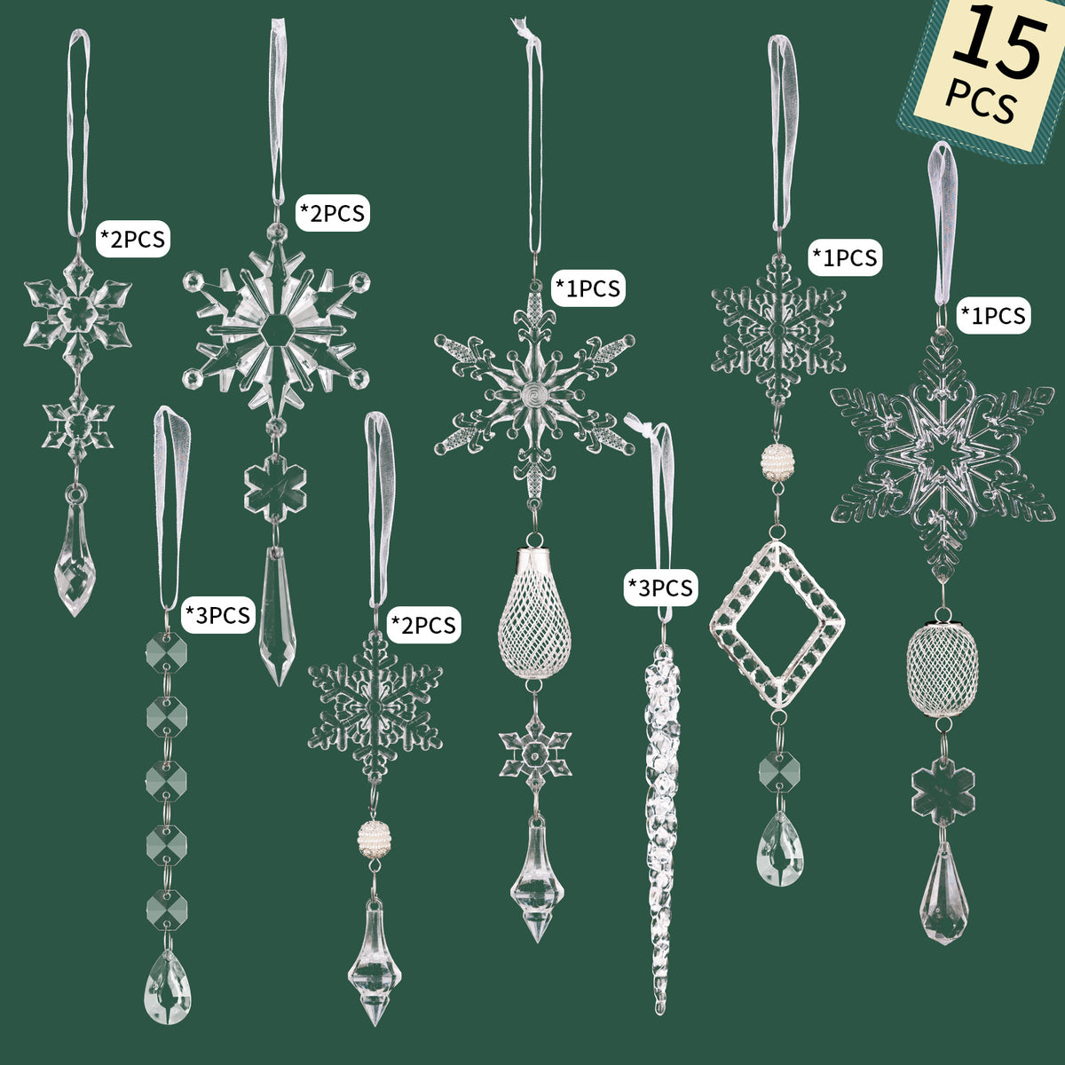 Christmas Tree Ornaments: 15-Piece Icy Sparkle Set