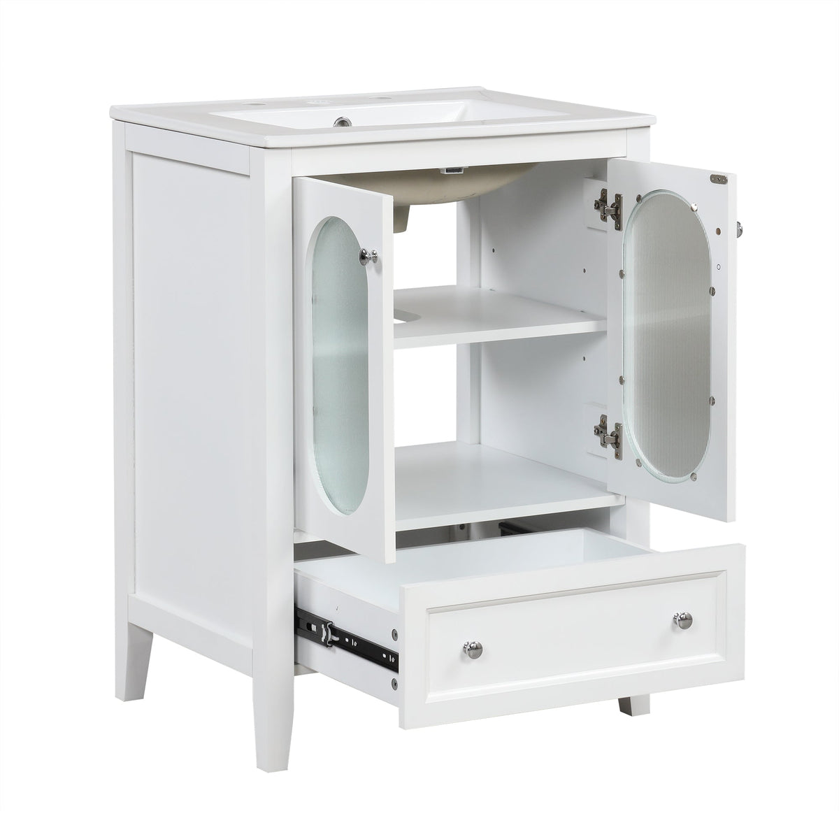 24 Inch Bathroom Vanity with Sink and Fluted Glass Doors
