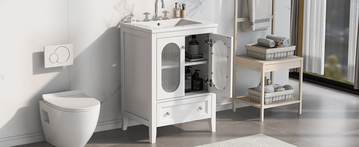 24 Inch Bathroom Vanity with Sink and Fluted Glass Doors