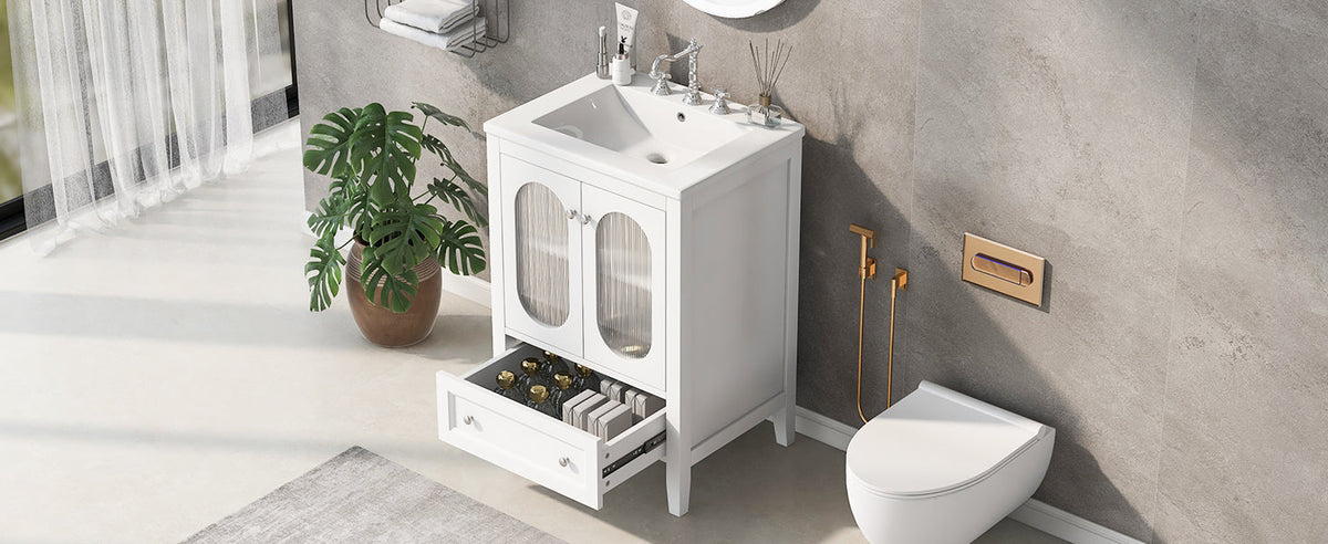 24 Inch Bathroom Vanity with Sink and Fluted Glass Doors