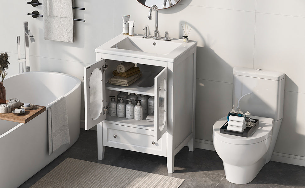 24 Inch Bathroom Vanity with Sink and Fluted Glass Doors