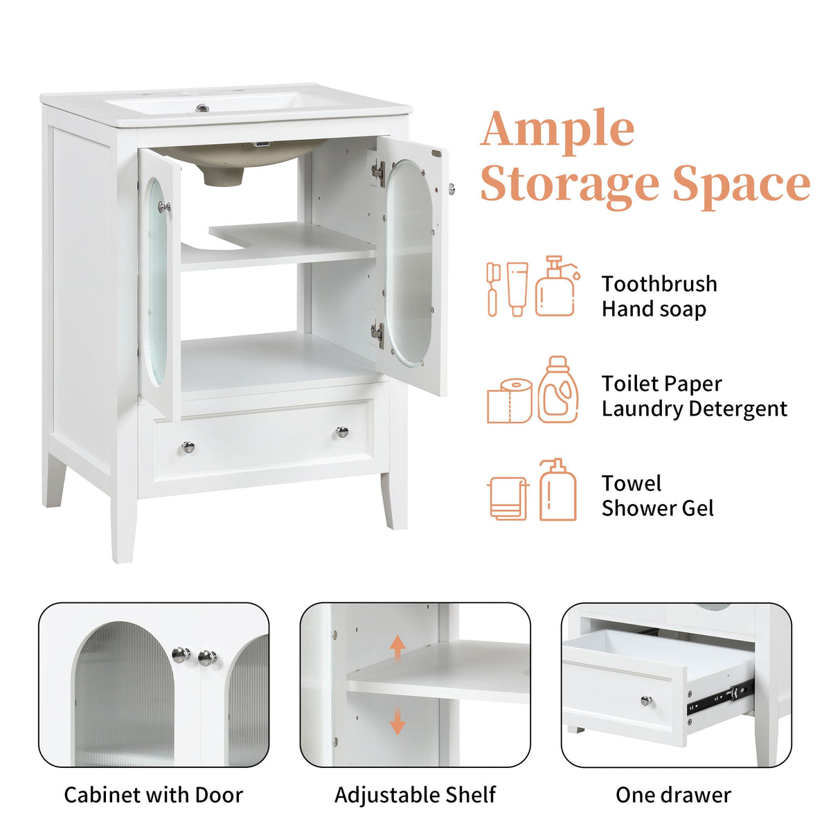 24 Inch Bathroom Vanity with Sink and Fluted Glass Doors