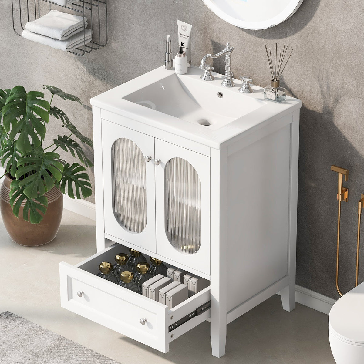 24 Inch Bathroom Vanity with Sink and Fluted Glass Doors