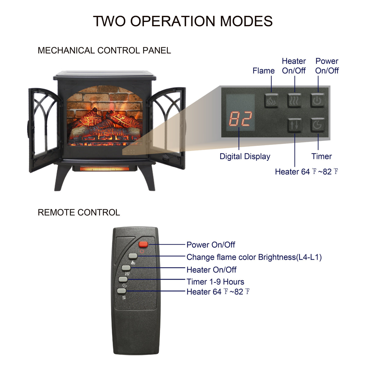24 Inch 3D Electric Fireplace Stove with Infrared Heat