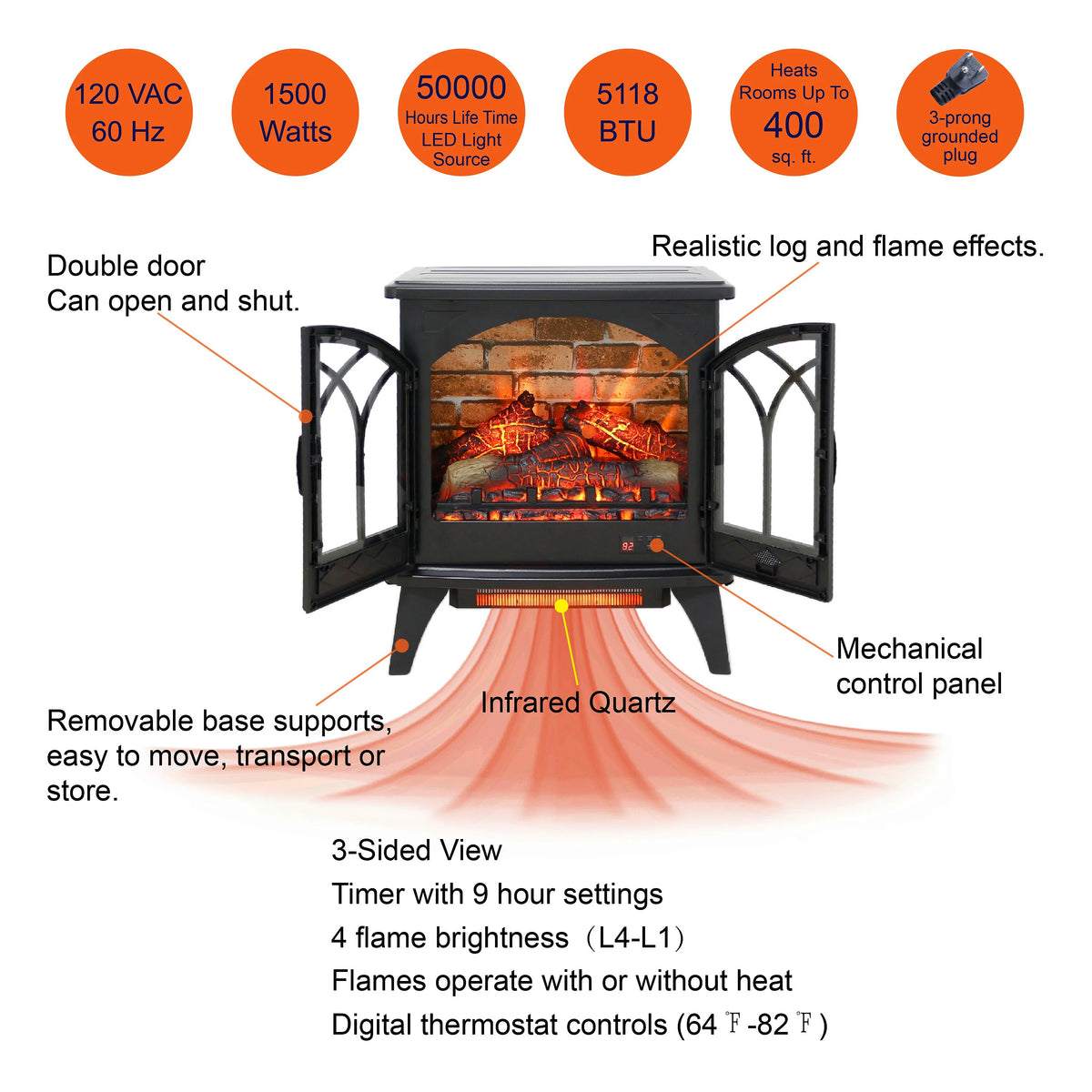 24 Inch 3D Electric Fireplace Stove with Infrared Heat