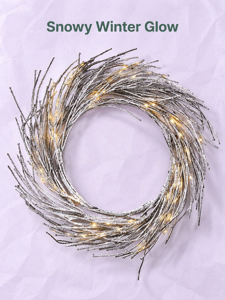 24 Inch Snow-Dusted Twig Wreath with Warm LED Lights