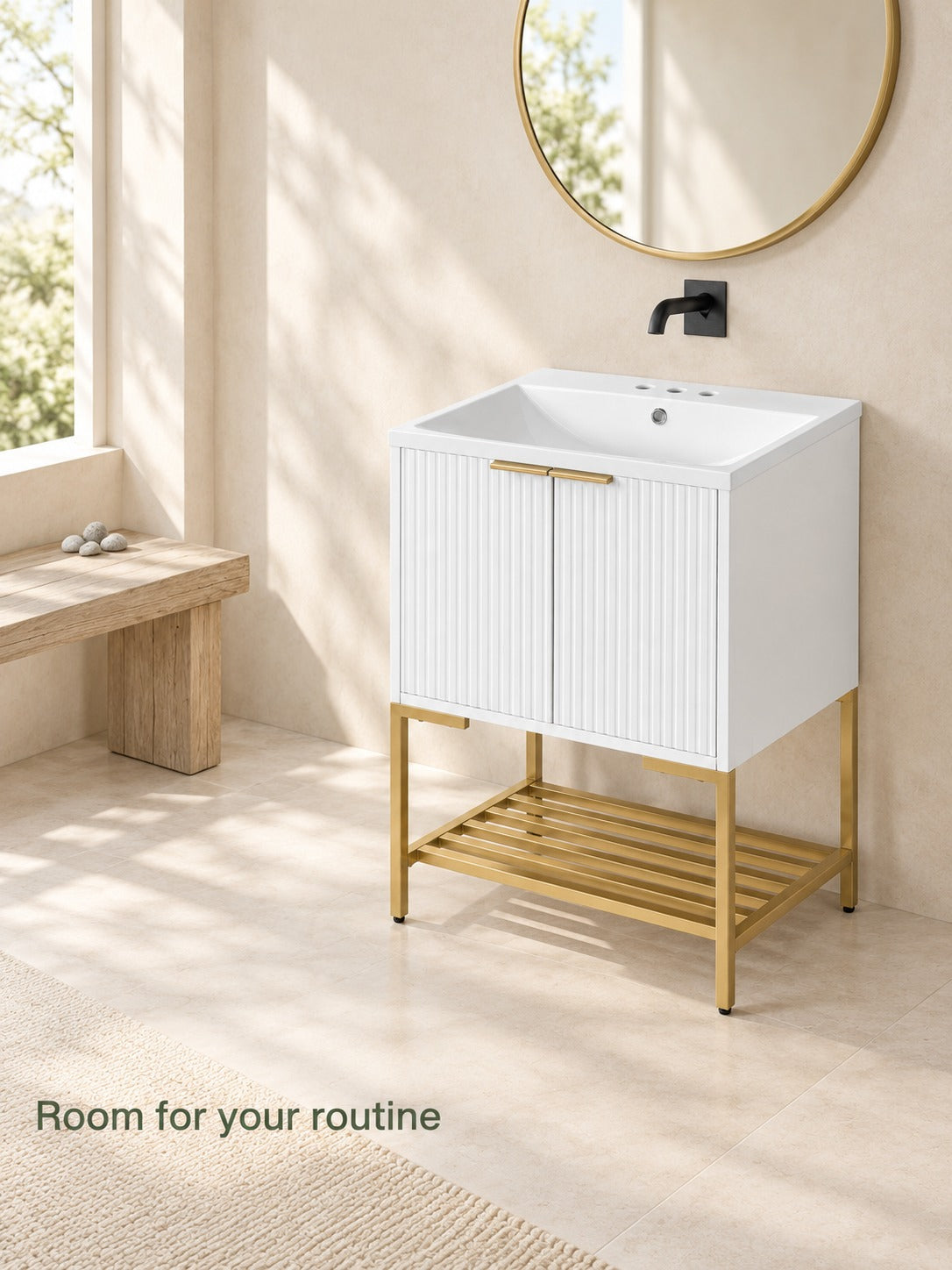 24 Inch Bathroom Vanity with Sink, Fluted White Storage