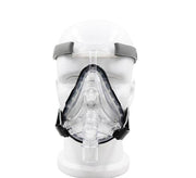 Full frontal view of silicone mask on mannequin head, showing nasal and mouth interface with gray head straps