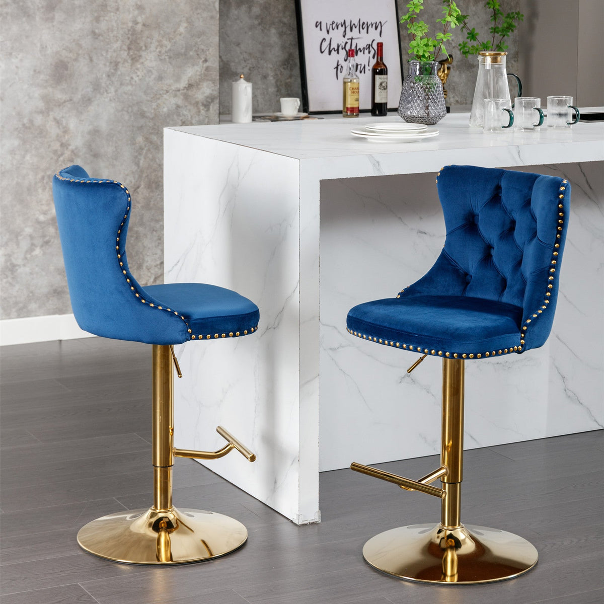 Navy Tufted Bar Stools with Gold Accents, Set of 2