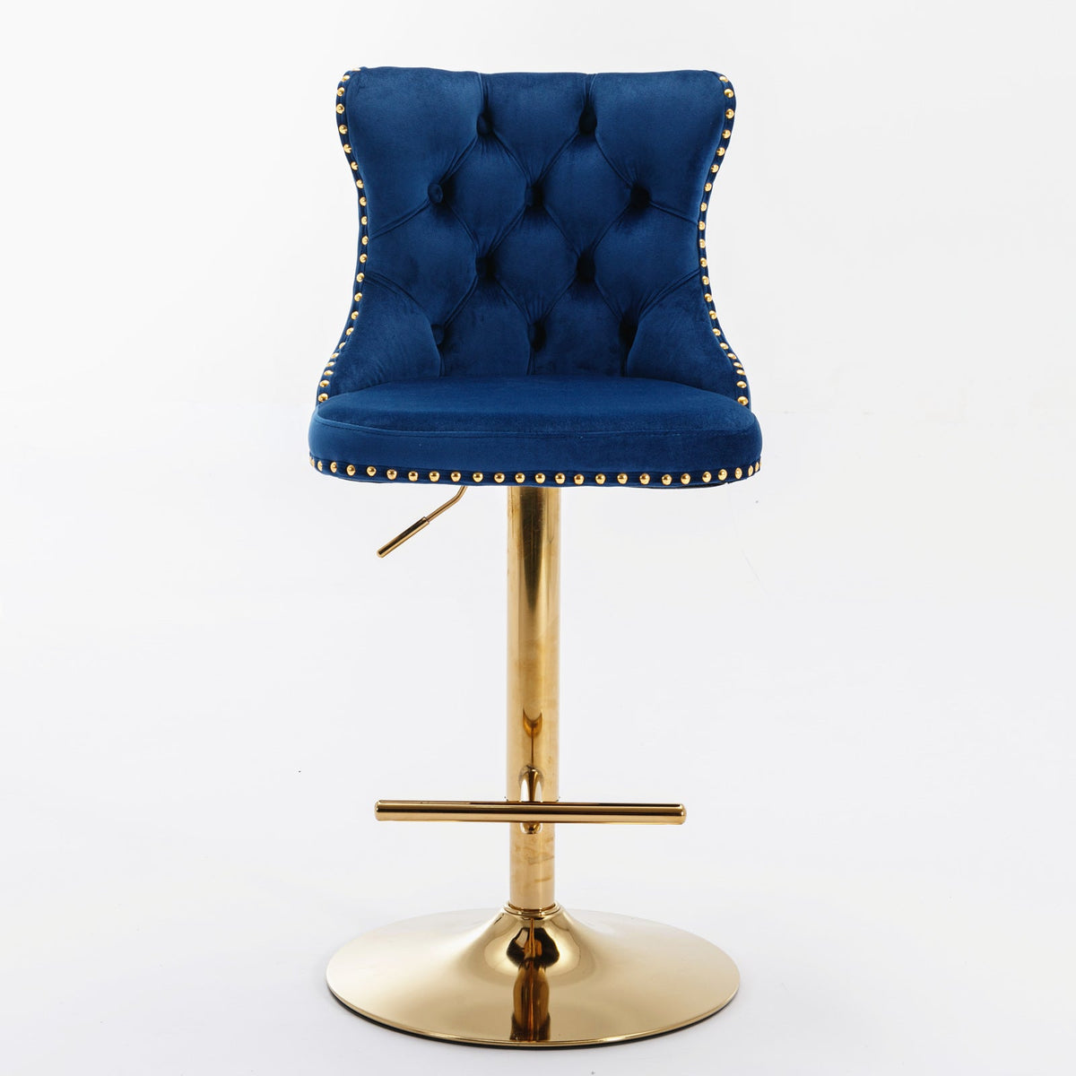 Navy Tufted Bar Stools with Gold Accents, Set of 2