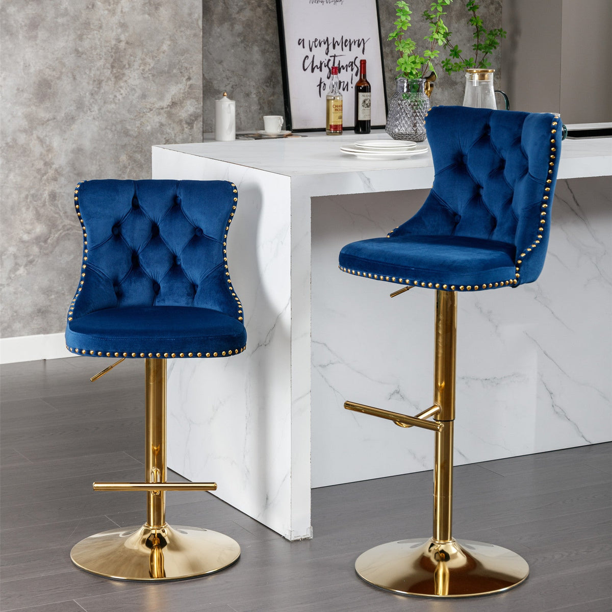 Navy Tufted Bar Stools with Gold Accents, Set of 2