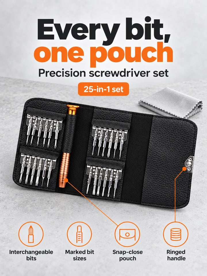 25-in-1 Precision Screwdriver Set with Leather Pouch