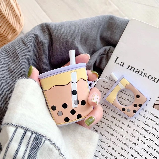 Cute Bubble Tea AirPods Case Silicone Cover with Strap
