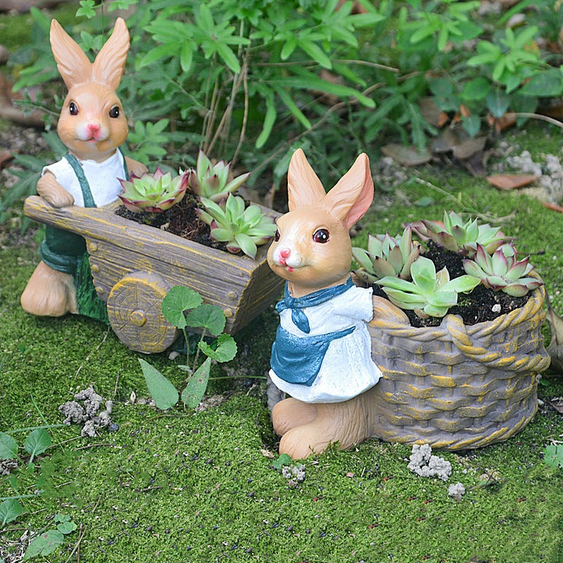 Rabbit Succulent Planter with Cart, Hand-Painted Resin