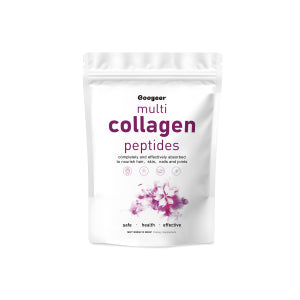 Multi-Collagen Peptides powder in white resealable pouch with purple branding and pink floral decoration