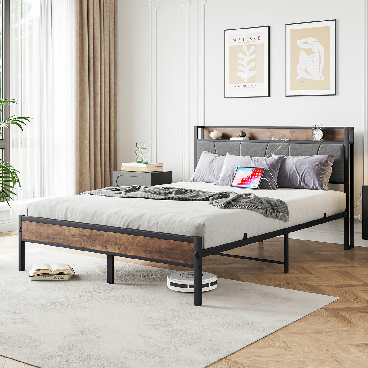 Queen Bed Frame with Charging Station and Headboard