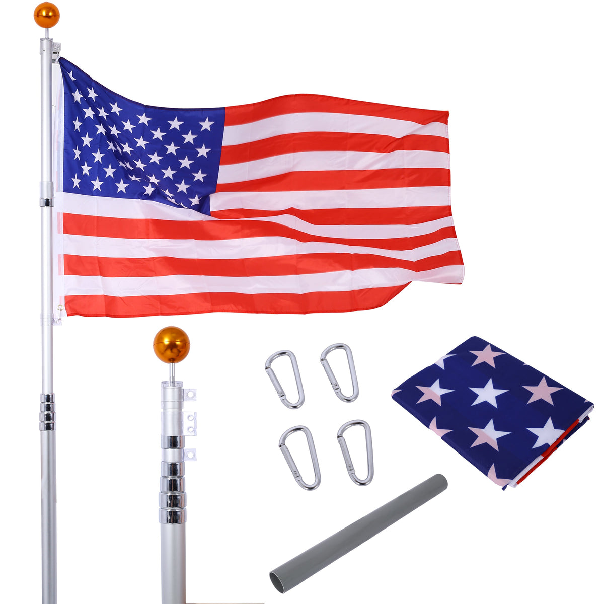 25FT Segmented Aluminum Flagpole Kit with Gold Ball Top