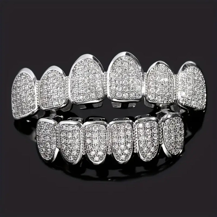 Iced-Out Hip Hop Grillz — Full CZ Pavé Set in Gold & Silver