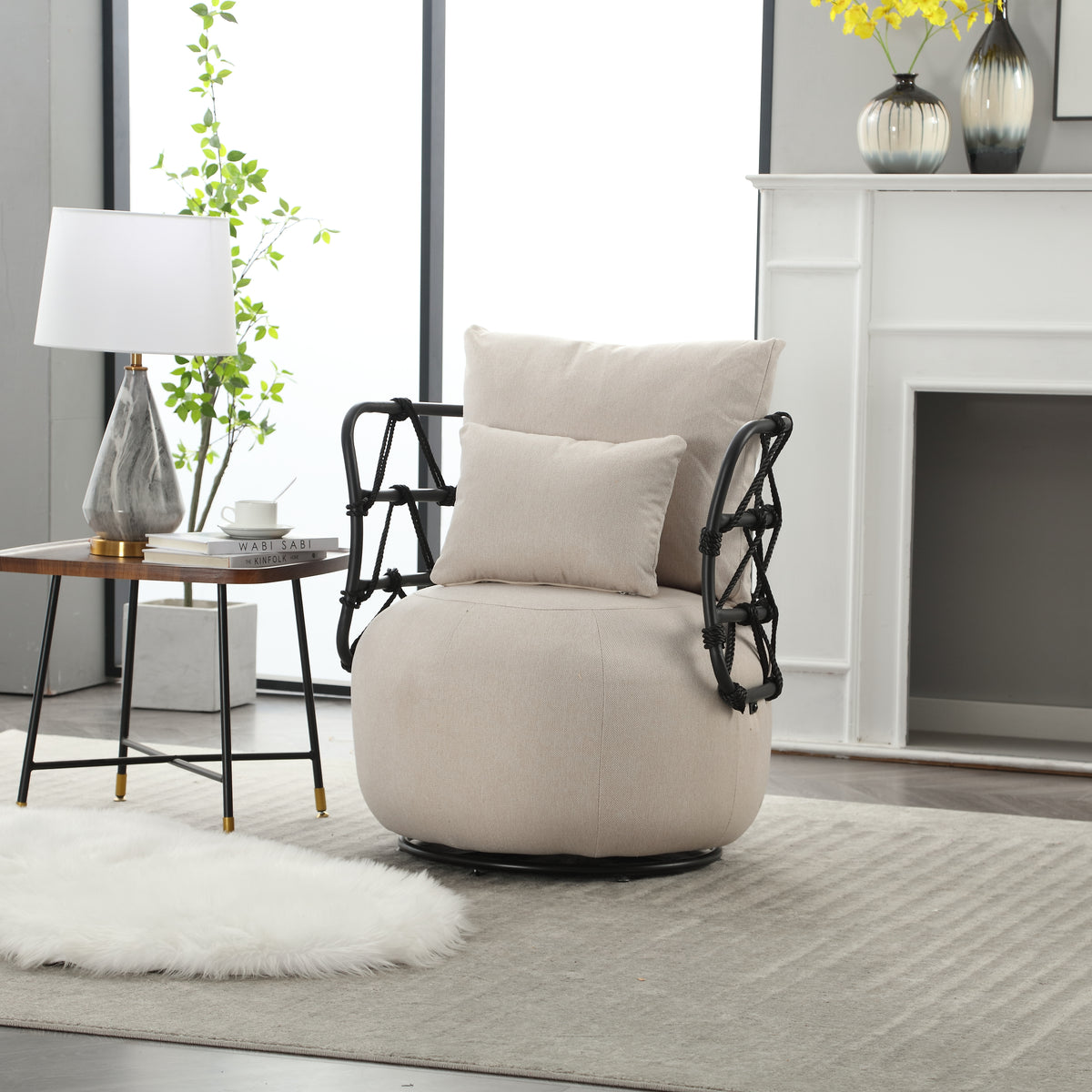 Tufted Linen Swivel Accent Chair with Rope Metal Frame