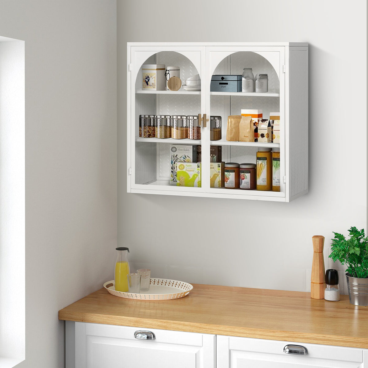 Bathroom Wall Cabinet with Glass Doors, Three Tiers