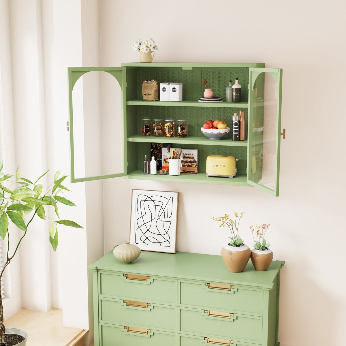 Wall Cabinet with Glass Doors, Sage Green 3-Tier Shelves
