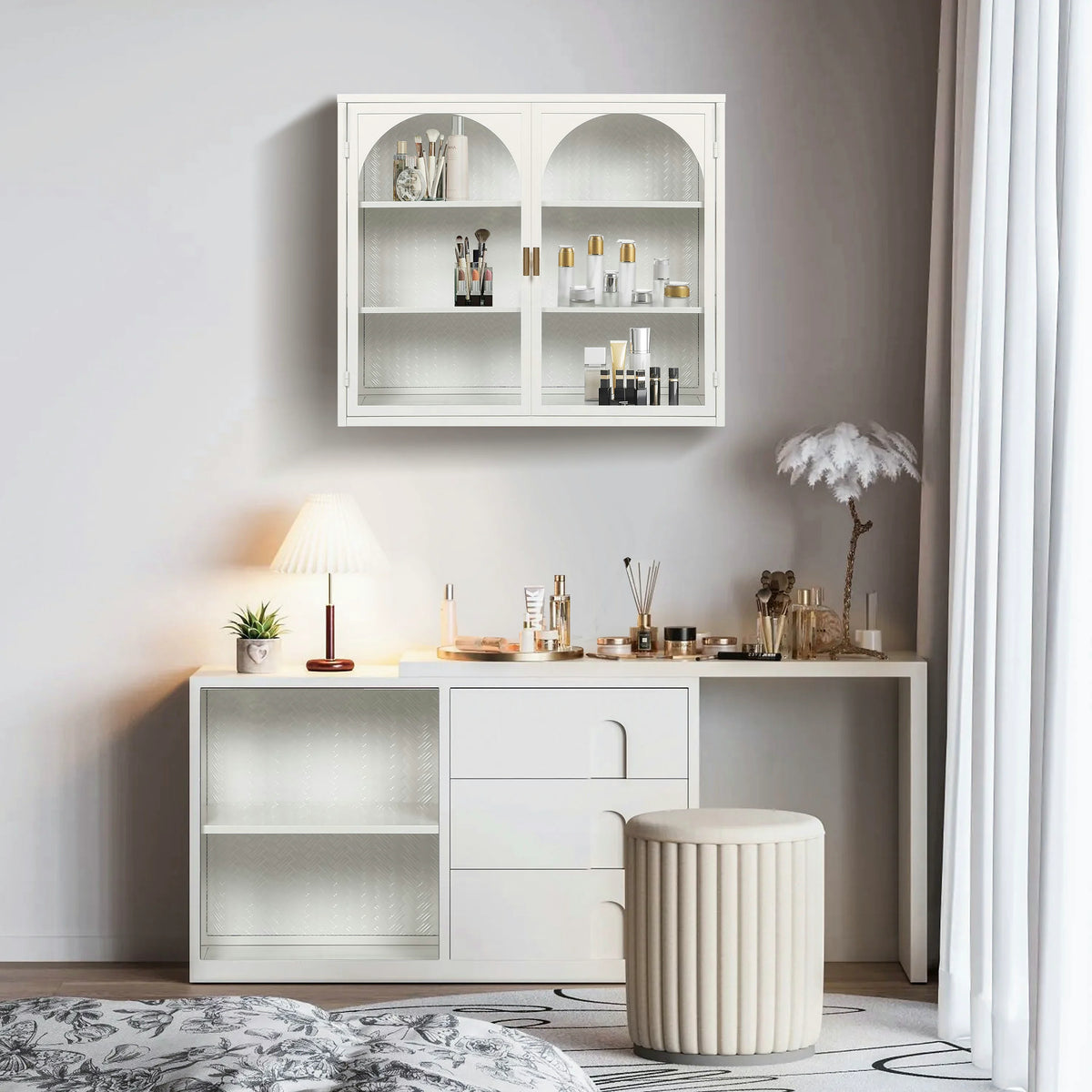 Bathroom Wall Cabinet with Glass Doors, Three Tiers