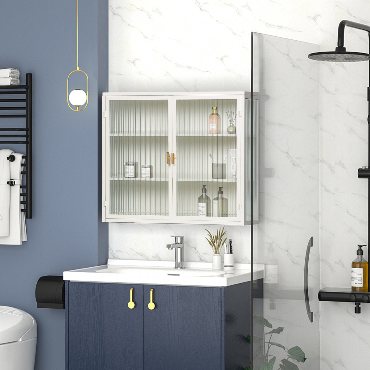 Fluted Glass Bathroom Wall Cabinet with Three Tiers