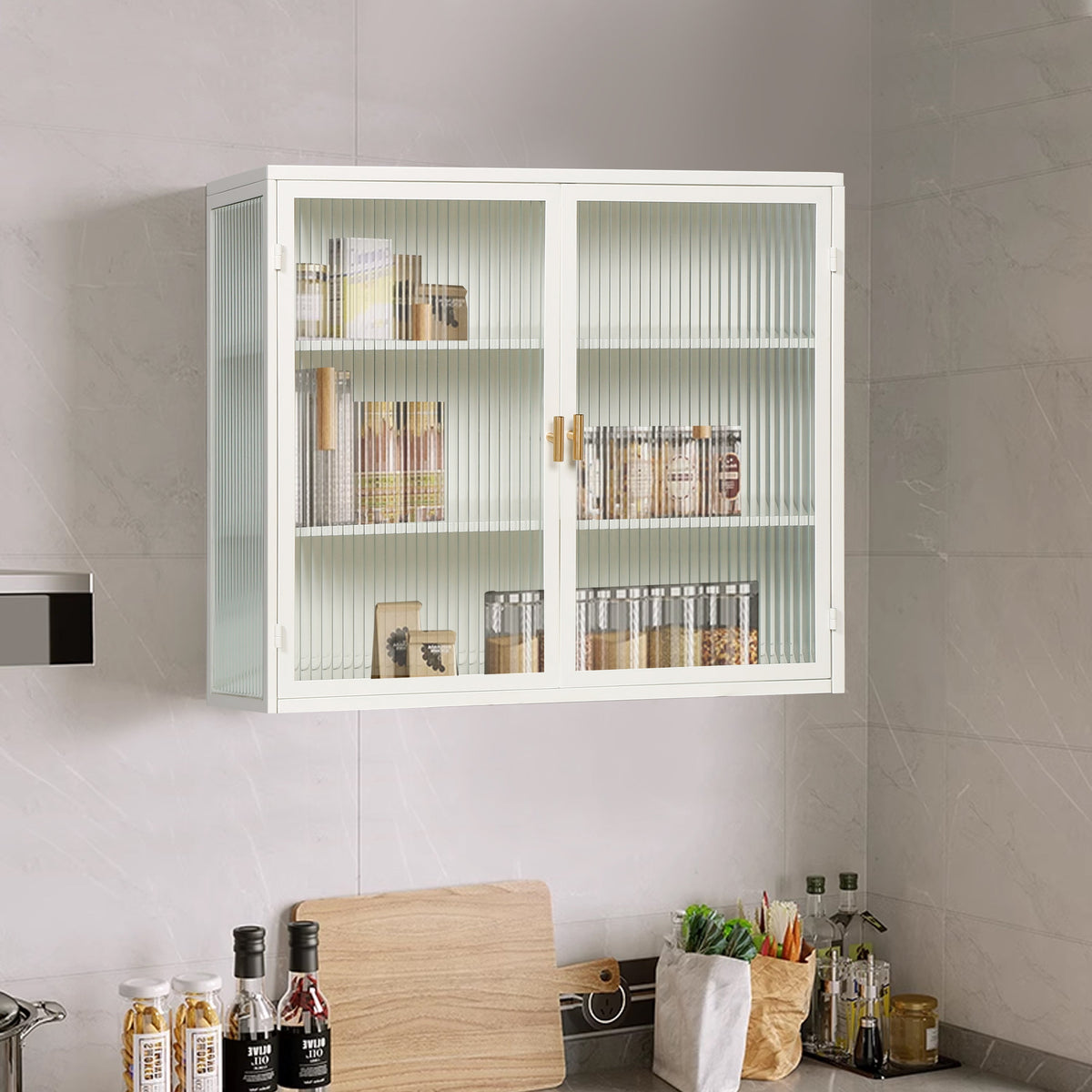Fluted Glass Bathroom Wall Cabinet with Three Tiers